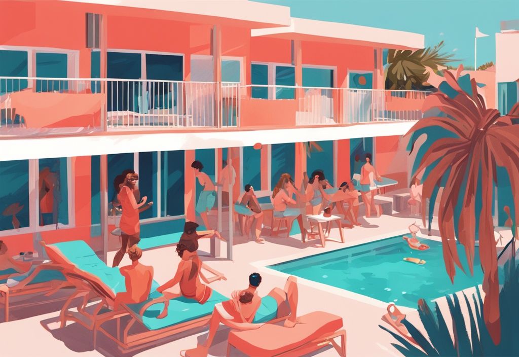 Modernes digitales Gemälde einer belebten Ayia Napa Hostel-Szene mit jungen Reisenden am funkelnden Pool, umgeben von Palmen, in Korallenfarben.