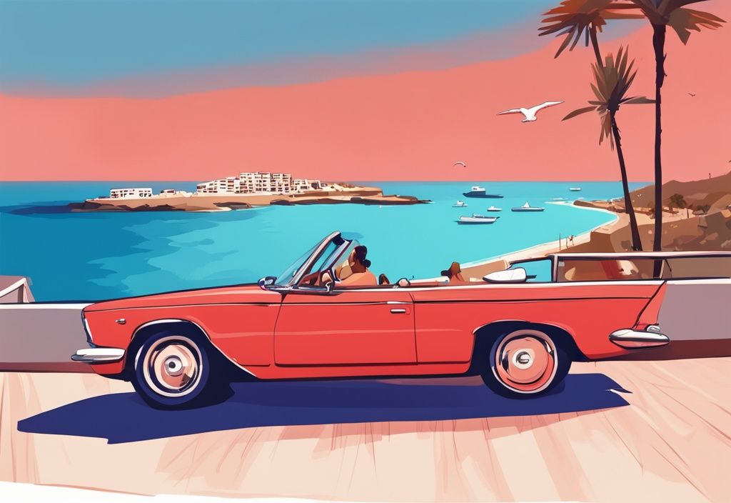 Moderner digitaler Gemälde-Illustration mit einem hellroten Mietwagen Ayia Napa, der an einem Aussichtspunkt mit Blick auf das atemberaubend blaue Wasser und die lebhaften Strände von Ayia Napa geparkt ist.