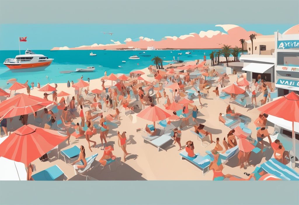 Moderne digitale Illustration mit Korallenfarbthema, die Ayia Napas Top-Attraktionen wie Nissi Beach, Cape Greco und Nachtclubs zeigt, inklusive Preisschilder und Urlaubsartikel wie Sonnenbrillen und Sonnencreme, um das Thema Ayia Napa Pauschalreise zu betonen.