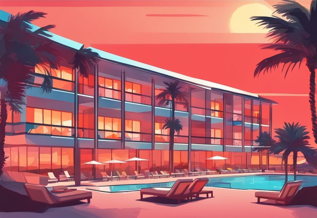 Moderne digitale Malerei mit Korallenfarben, zeigt eine luxuriöse Ayia Napa Hotelanlage am Strand, umgeben von Palmen, mit Sonnenuntergang im Hintergrund.