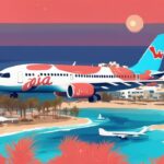 Moderne digitale Malerei, die die Küste von Ayia Napa in Zypern zeigt, mit einem TUI-Flugzeug darüber, das die Urlaubsstimmung widerspiegelt - tui zypern ayia napa.