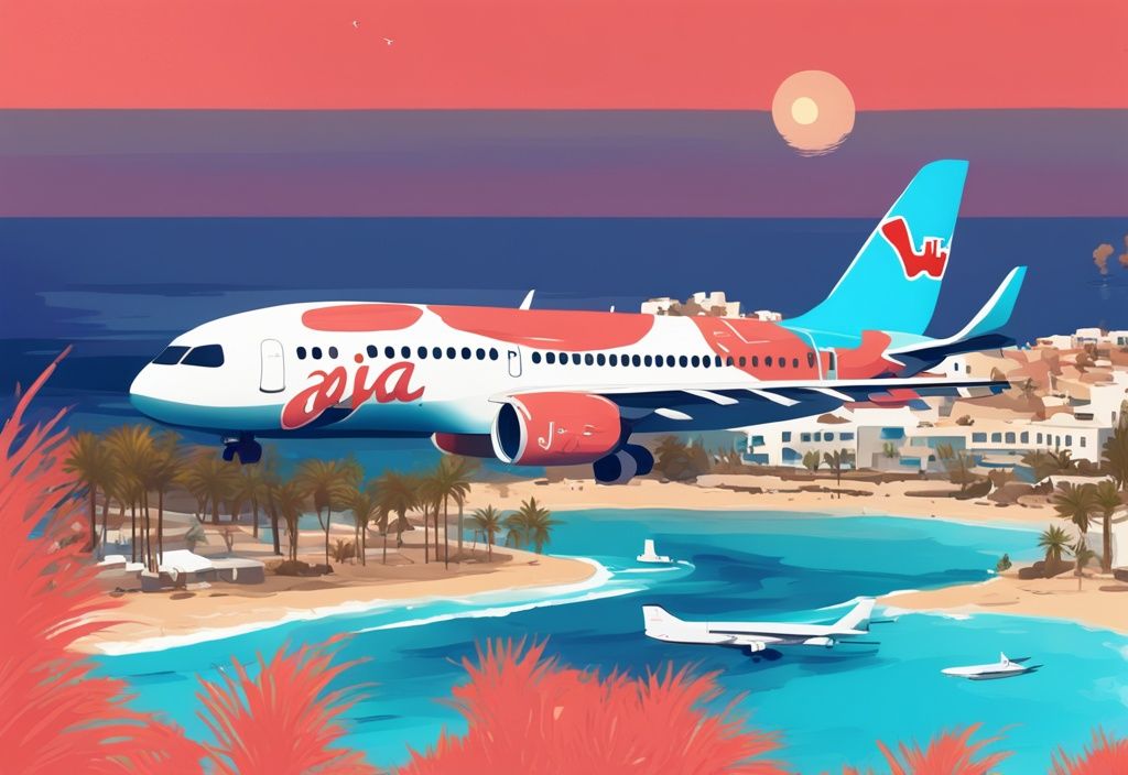 Moderne digitale Malerei, die die Küste von Ayia Napa in Zypern zeigt, mit einem TUI-Flugzeug darüber, das die Urlaubsstimmung widerspiegelt - tui zypern ayia napa.