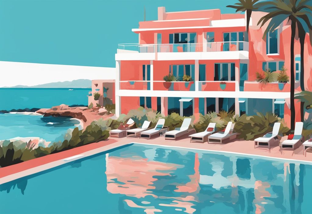 Moderne digitale Malerei des Grecian Bay Hotel Ayia Napa, Luxusresort an einer azurblauen Küste mit markanten architektonischen Merkmalen und üppigem Grün, Hauptfarbthema Koralle.