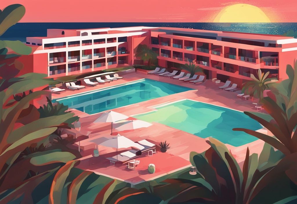 Moderne digitale Malerei mit Sonnenuntergangsansicht des Nestor Hotel Ayia Napa, üppige Gärten und funkelnder Pool im Vordergrund, Hauptfarbthema Koralle.