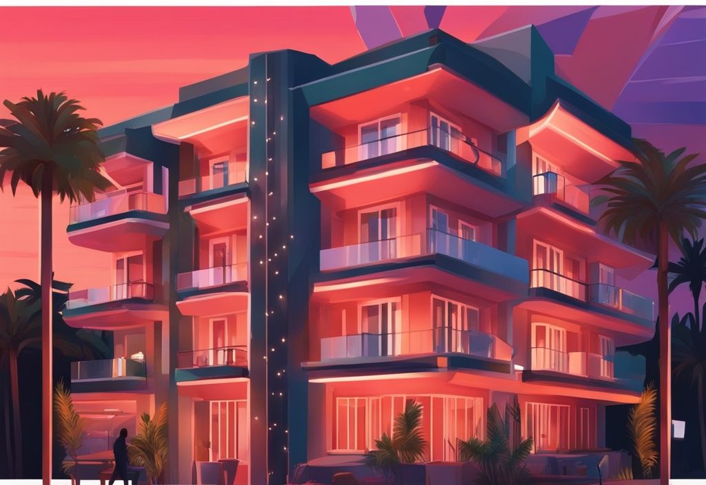 Nahaufnahme der Fassade des Nestor Hotels Ayia Napa bei Sonnenuntergang, umgeben von üppigen Palmen und beleuchtet von sanften Lichtern, in modernen digitalen Malerei mit Korallenfarbthema.