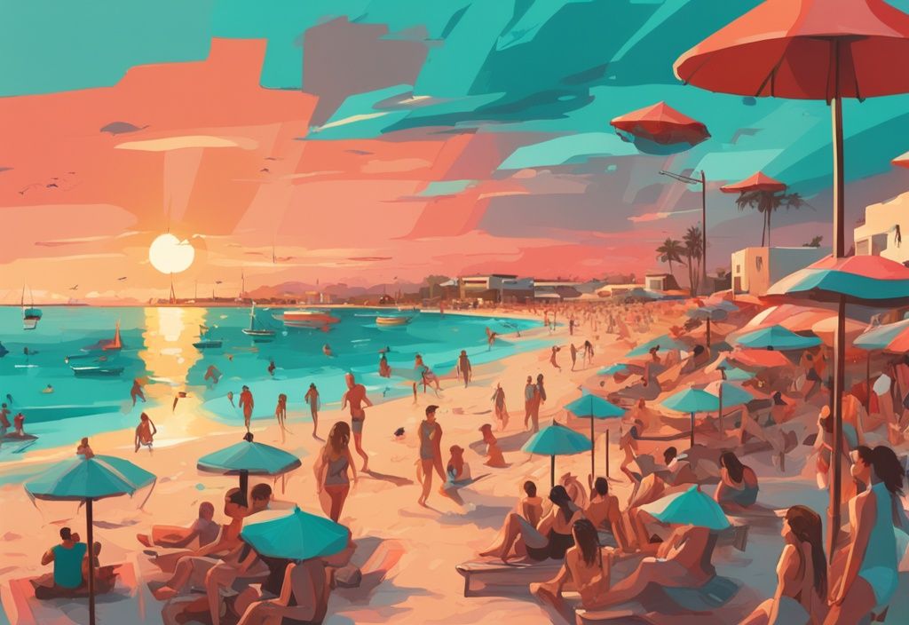 Moderne digitale Malerei von Ayia Napa Strand bei Sonnenuntergang mit bunten Strandsonnenschirmen, türkisfarbenem Wasser und Menschen bei Wasseraktivitäten.