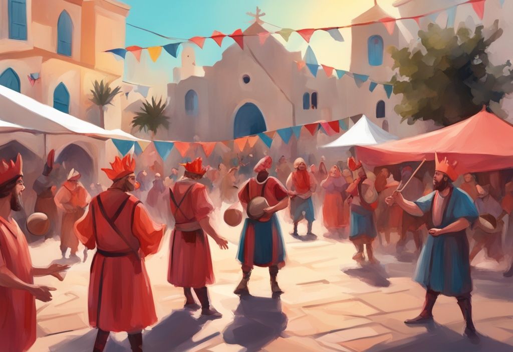 Digitale moderne Illustration, lebhafte Szene auf dem Stadtplatz von Ayia Napa während des Mittelalterfestivals 2023, mit Gauklern, Rittern, Minnesängern und Stadtbewohnern in historischen Kostümen, im Hintergrund das ikonische Kloster von Ayia Napa, Hauptfarbthema Koralle.