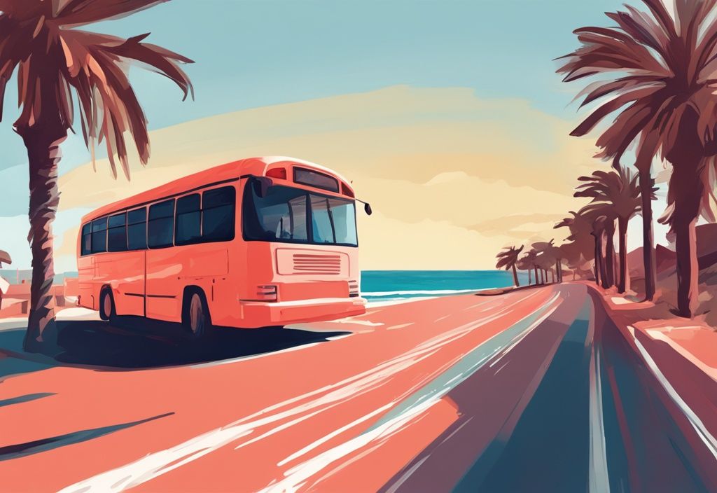 Moderne digitale Malerei eines Busses auf einer sonnigen Küstenstraße zwischen Larnaca und Ayia Napa, Zypern, mit Korallenfarbthema