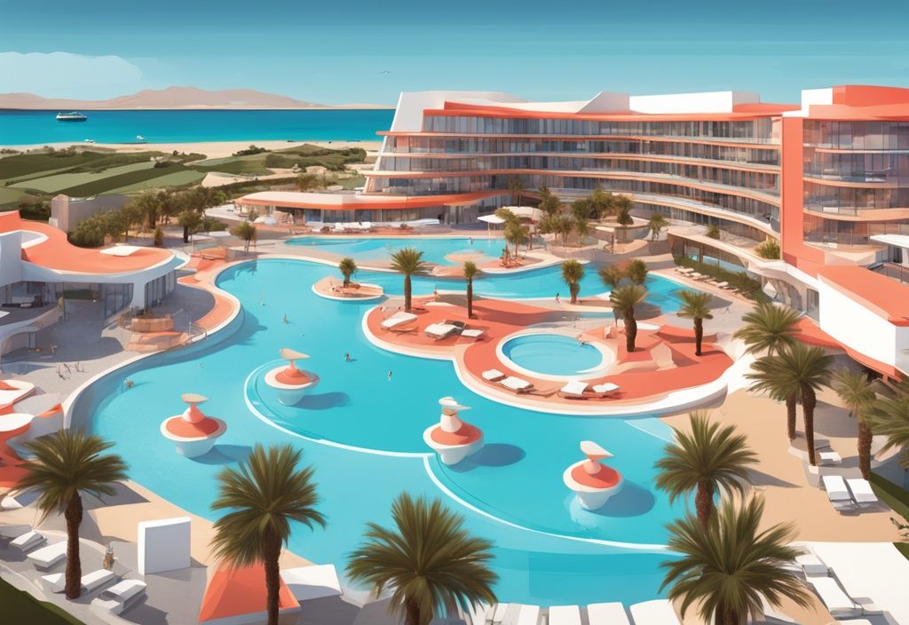 Panoramablick auf das Olympic Lagoon Resort Ayia Napa mit Lagunenpools, Sonnenterrassen, eleganten Innenräumen und lebhaftem Nachtleben, in moderner digitaler Illustration mit Korallfarbthema.