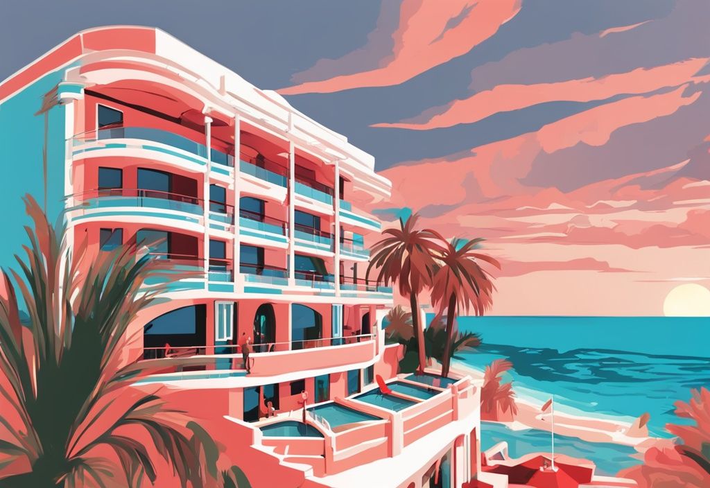 Moderne digitale Malerei-Illustration des Grecian Bay Hotel Ayia Napa, umgeben von üppigen Palmen und mit Blick auf das azurblaue Mittelmeer, Hauptfarbthema Koralle.