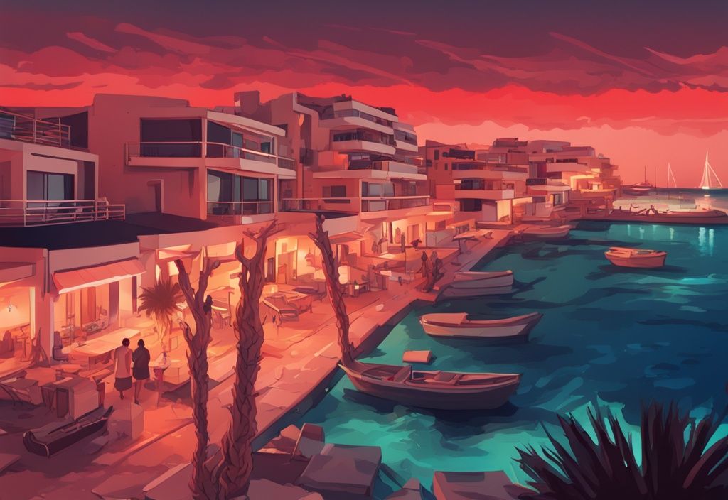 Moderne digitale Malerei, Abendansicht von Ayia Napa, Zypern in Korallentönen, mit Warnschildern, die mögliche Gefahren während des Urlaubs symbolisieren, ayia napa gefährlich zypern urlaub.