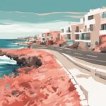 Digitale Illustration einer Küstenstraße von Paphos nach Ayia Napa in Korallenfarben, Zypern.