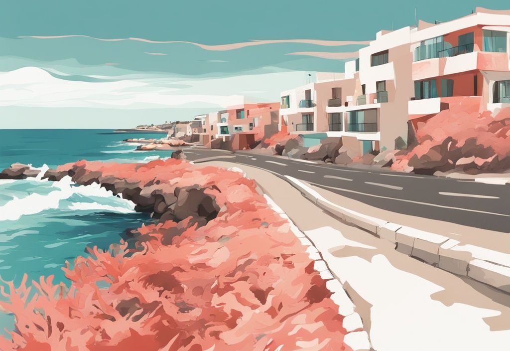 Digitale Illustration einer Küstenstraße von Paphos nach Ayia Napa in Korallenfarben, Zypern.