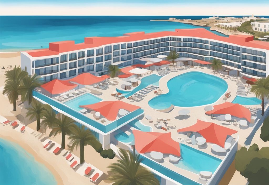 Luftaufnahme des luxuriösen Amarande Hotels in Ayia Napa mit prächtigen Pools, entspannenden Lounges und der Nähe zum azurblauen Meer, moderne digitale Malerei in Korallenfarben.