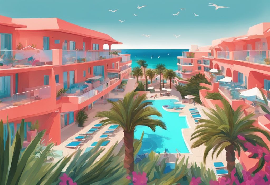 Moderne digitale Malerei des Atlantica Mare Village in Ayia Napa mit üppigen Gärten, beeindruckender Architektur und positiven atlantica mare village ayia napa bewertungen.