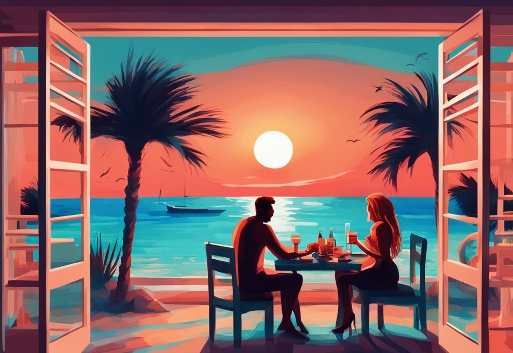 Moderne digitale Malerei, Ayia Napa Urlaub, türkisfarbenes Wasser, Sonnenuntergang, romantisches Abendessen am Strand.