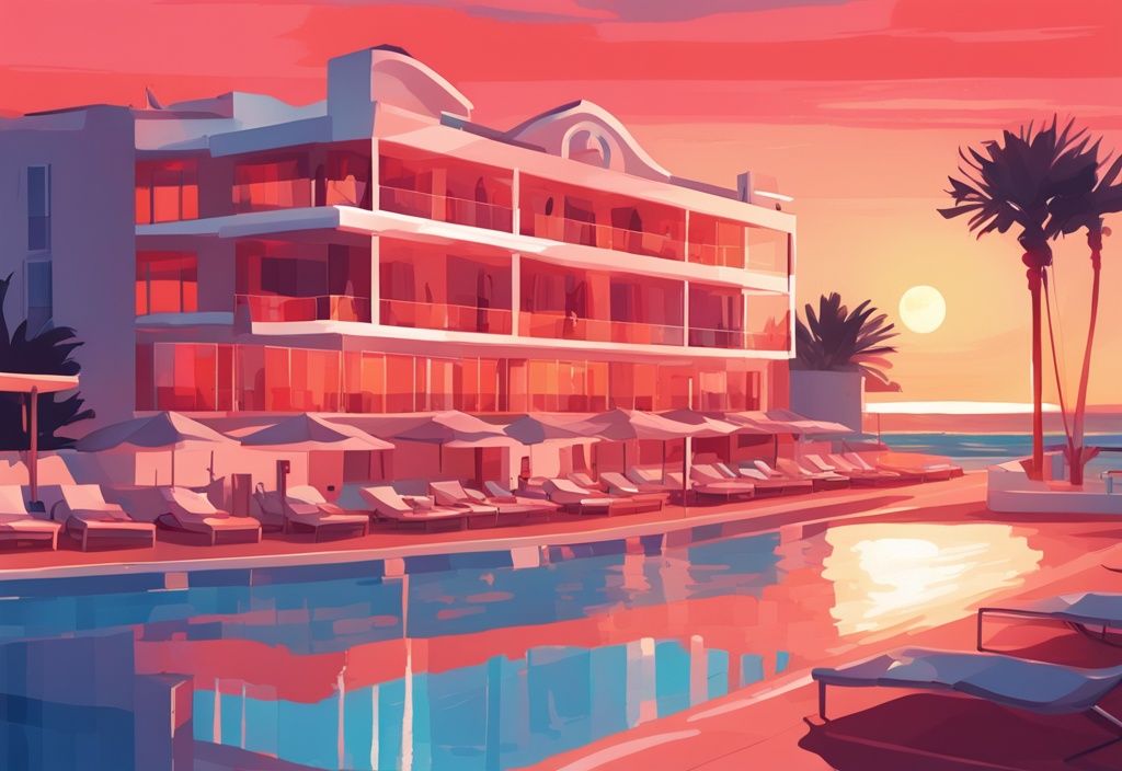 Modernes digitales Gemälde eines luxuriösen Ayia Napa Hotels am Strand bei Sonnenuntergang mit entspannenden Menschen am Pool.