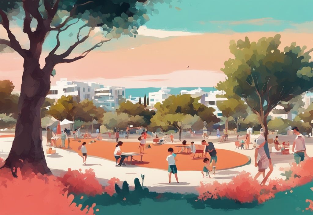 Moderne digitale Malerei von einem lebhaften Park in Ayia Napa mit spielenden Kindern, spazierenden Menschen und Picknicks unter Bäumen, im Hintergrund eine Panoramaansicht der Stadt, Hauptfarbthema Koralle.