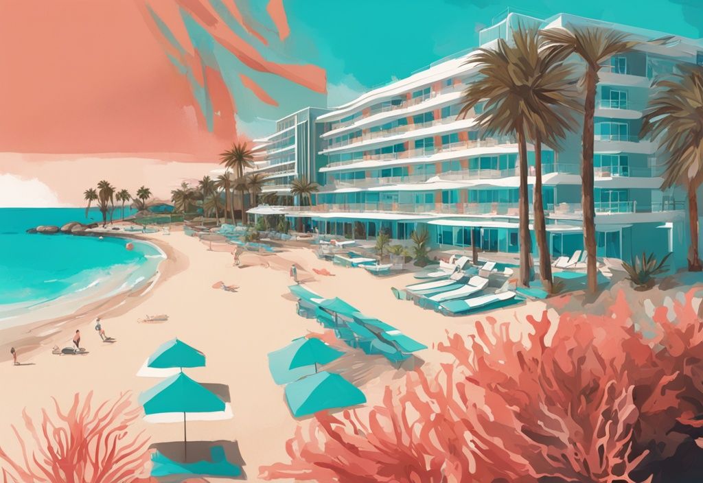 Modernes digitales Gemälde des Adams Beach Hotel Ayia Napa mit luxuriöser Fassade, angrenzendem Strand, kristallklarem türkisfarbenem Wasser und Palmen im warmen Mittelmeerwind, Hauptfarbe Koralle.