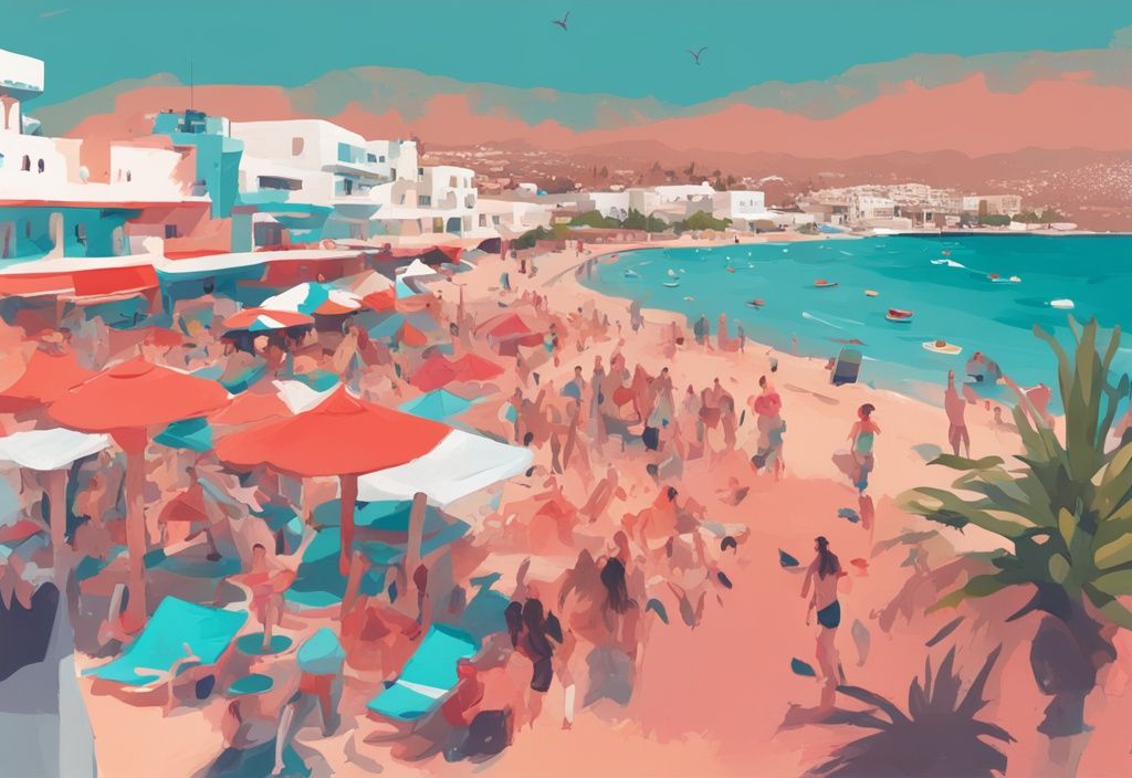 Moderne digitale Malerei von Ayia Napa in Zypern mit Korallenfarben, zeigt Strände, Nachtleben und Sehenswürdigkeiten - check24 zypern ayia napa.