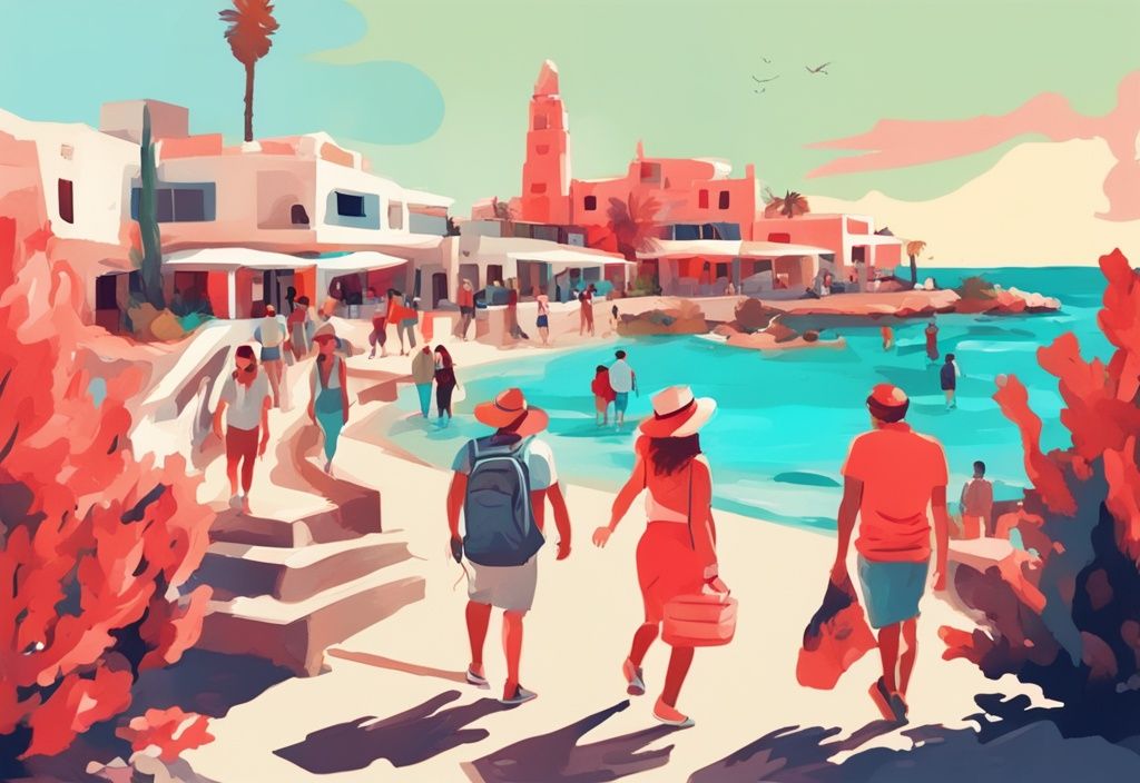 Moderne digitale Malerei, fröhliche Touristen erkunden die Wahrzeichen von Ayia Napa, Zypern bei strahlendem Sonnenschein, Hauptfarbe Koralle