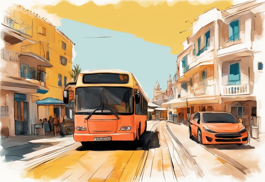 Moderner digitaler Gemäldeillustration mit Korallenfarben, gelber Bus am malerischen Hafen von Larnaca, auf dem Weg zur lebhaften Stadt Ayia Napa - larnaca ayia napa bus.