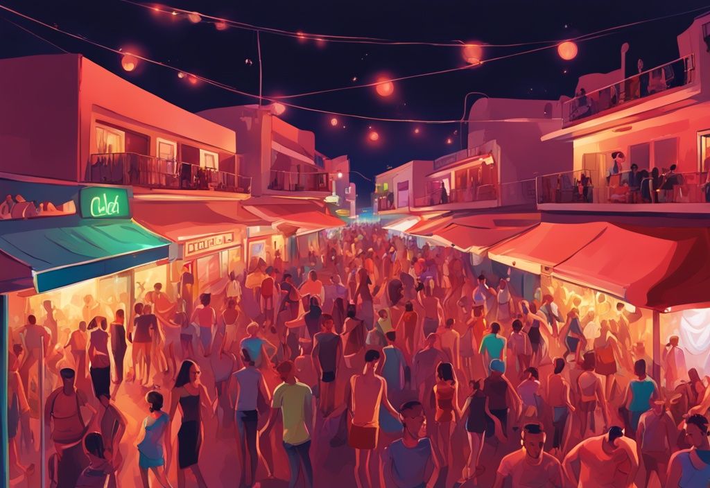 Moderne digitale Malerei der Ayia Napa Strip bei Nacht, mit lebhaften Clubs, belebten Restaurants und Menschenmengen, Hauptfarbe Koralle.