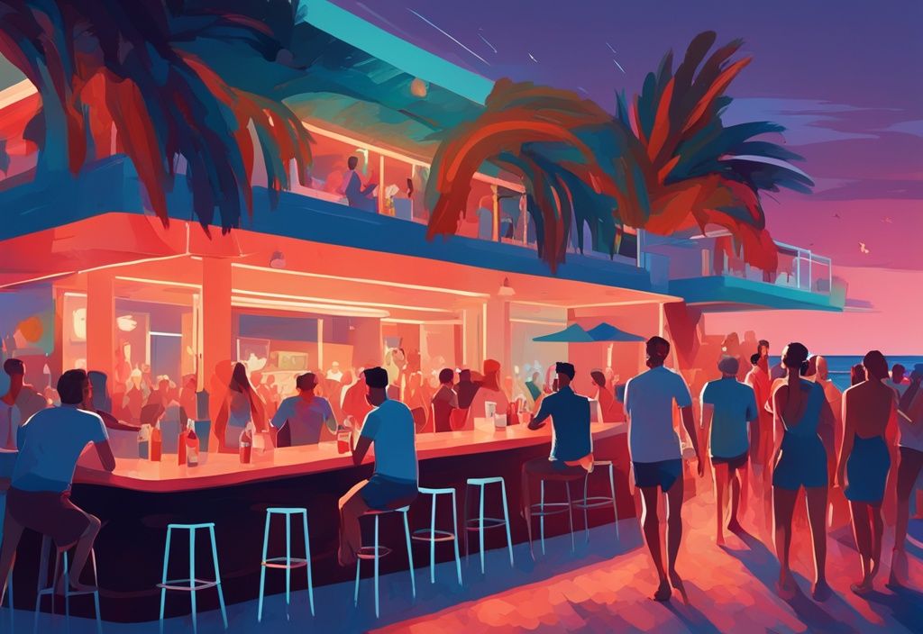 Moderne digitale Malerei von Touristen, die das Nachtleben in einer lebhaften Bar und das azurblaue Mittelmeer in Ayia Napa genießen – ayia napa erfahrungen.