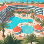 Moderne digitale Malerei des Olympic Lagoon Resort Ayia Napa mit luxuriösen Annehmlichkeiten, üppiger Landschaft und einladendem Lagunenpool, umgeben von Urlaubsgästen, olympic lagoon resort ayia napa bewertung.