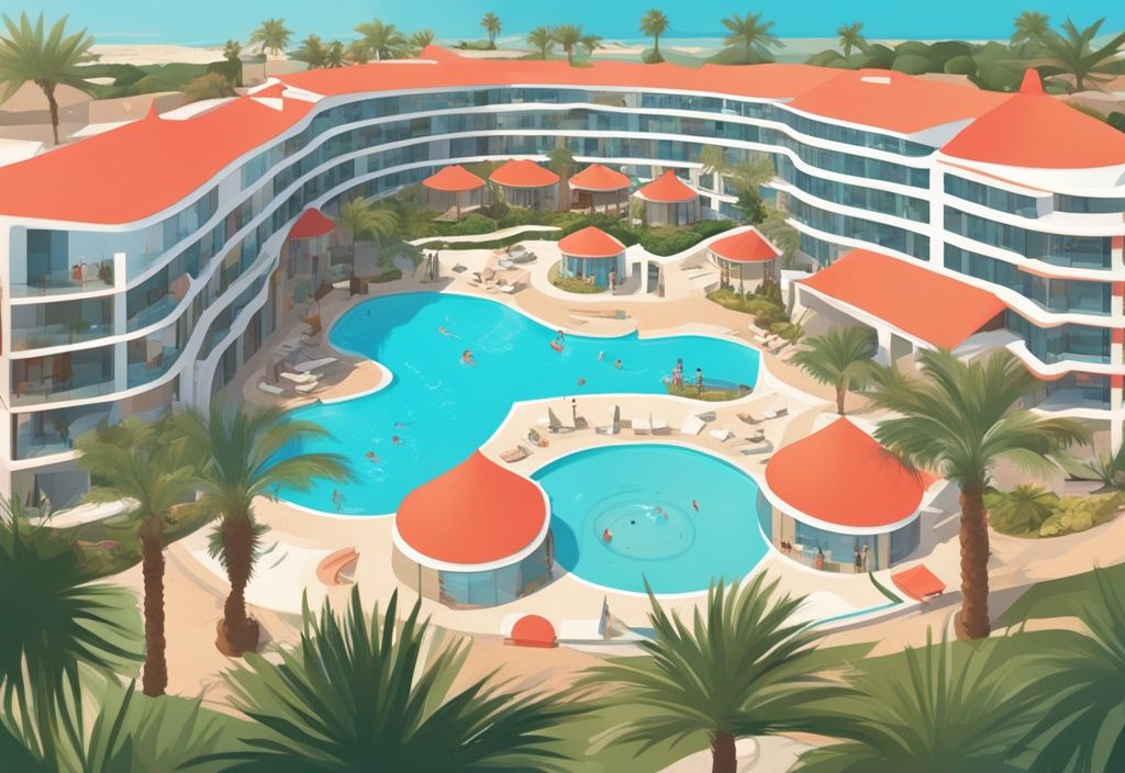 Moderne digitale Malerei des Olympic Lagoon Resort Ayia Napa mit luxuriösen Annehmlichkeiten, üppiger Landschaft und einladendem Lagunenpool, umgeben von Urlaubsgästen, olympic lagoon resort ayia napa bewertung.