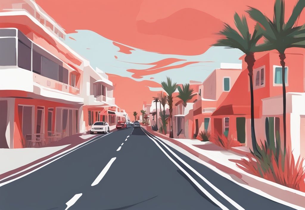 Moderne digitale Malerei, die eine malerische Küstenstraße von Paphos nach Ayia Napa in Zypern zeigt, mit Korallenfarbthema