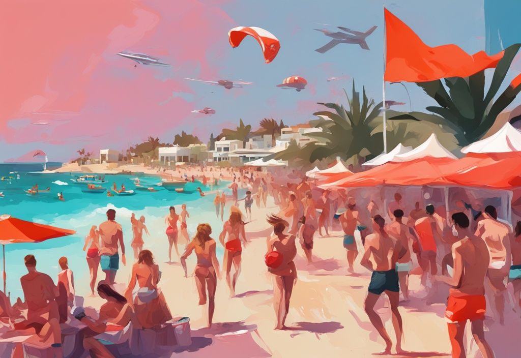 Moderne digitale Malerei einer lebhaften Strandszene in Ayia Napa mit Menschen, die an verschiedenen Wassersportaktivitäten wie Jetski, Parasailing und Tauchen teilnehmen. Hauptfarbthema: Koralle. ayia napa aktivitäten