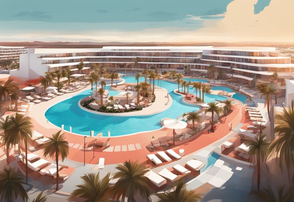 Moderne digitale Illustration des Olympic Lagoon Resort Ayia Napa mit korallenfarbenem Thema, zeigt Lagunenpools, Sonnenterrassen, elegante Innenräume und lebhaftes Nachtleben.