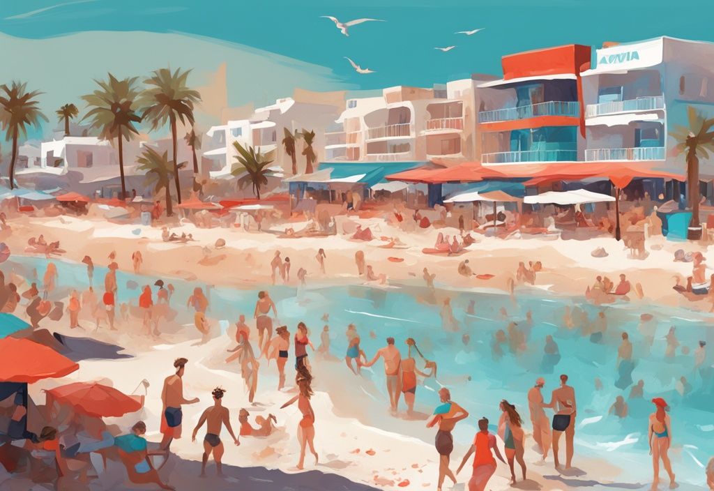 Moderne digitale Malerei von Ayia Napa Strand, Korallenfarbe, kristallklares Wasser, weißer Sandstrand, lebhaftes Nachtleben, Menschen beim Feiern.