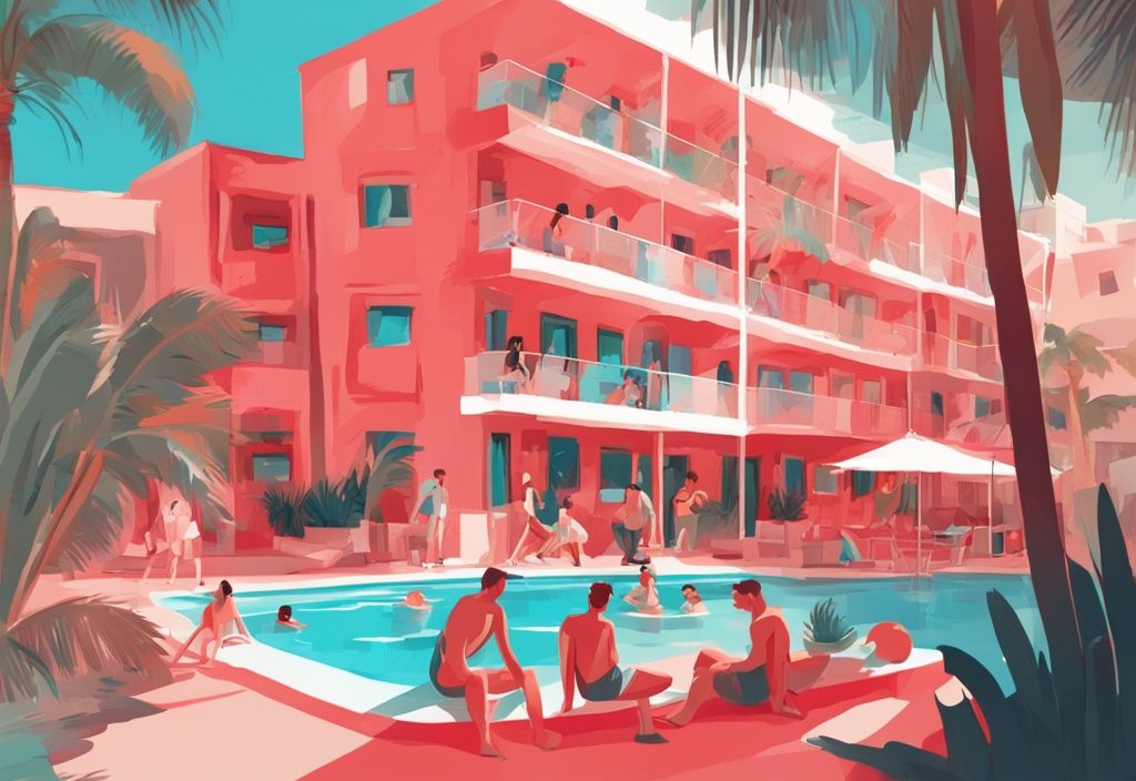 Modernes digitales Gemälde einer belebten Ayia Napa Hostel mit jungen Reisenden am funkelnden Pool, umgeben von Palmen, Hauptfarbe Koralle.