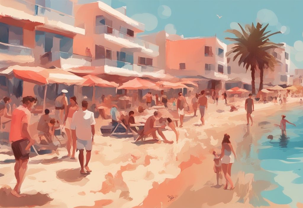 Moderne digitale Malerei von Ayia Napa Strand im September bei warmem Sonnenlicht, Menschen genießen das angenehme Ayia Napa Wetter September, friedliche und einladende Atmosphäre