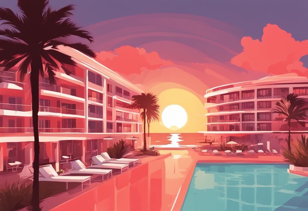 Moderner digitaler Gemäldeillustration einer luxuriösen Ayia Napa Hotelanlage am Strand mit Palmen und Sonnenuntergang im Hintergrund, Hauptfarbthema Koralle.