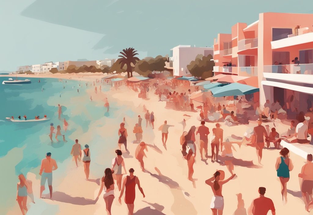 Moderne digitale Malerei, Ayia Napa Strand im September bei warmem Sonnenlicht, Menschen genießen das angenehme Ayia Napa Wetter September, friedliche und einladende Atmosphäre.