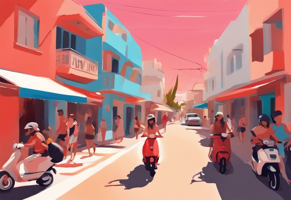 Moderne digitale Malerei von einer belebten Straße in Ayia Napa mit Touristen auf gemieteten Rollern unter der strahlenden Mittelmeersonne, in Korallfarben.