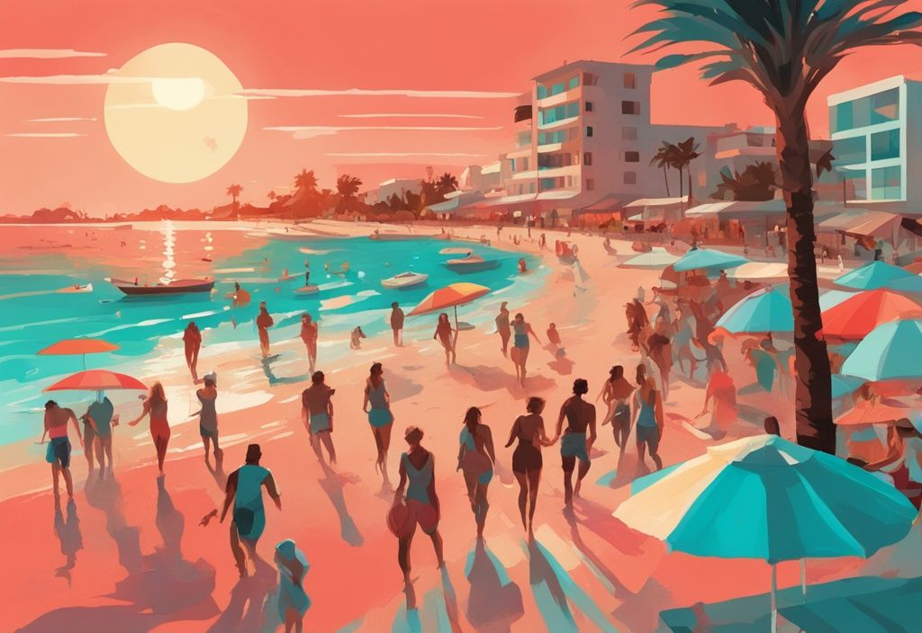 Moderne digitale Illustration des lebhaften Ayia Napa Strandes bei Sonnenuntergang mit korallfarbenem Thema, bunten Strandsonnenschirmen, türkisfarbenem Wasser und Menschen bei Wassersportaktivitäten.