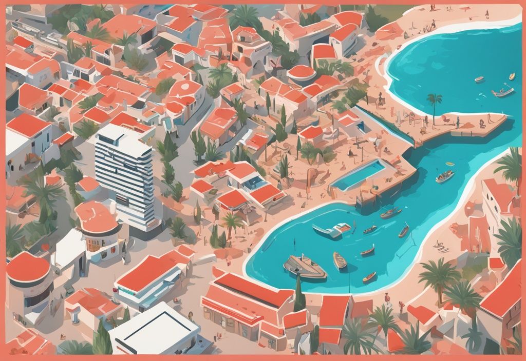 Moderne digitale Malerei-Illustration in Korallenfarben, die eine Vogelperspektive von Ayia Napa zeigt, mit wichtigen Wahrzeichen, Straßen und Attraktionen in lebhaften Farben auf einer Karte - ayia napa maps.