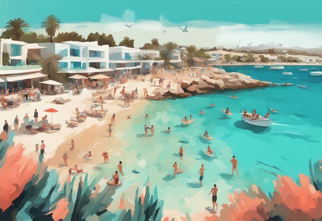 Modernes digitales Gemälde von Ayia Napa im Mai mit Korallenfarben, klarblauem Himmel, Touristen bei Wassersportarten und türkisfarbenem Mittelmeer.