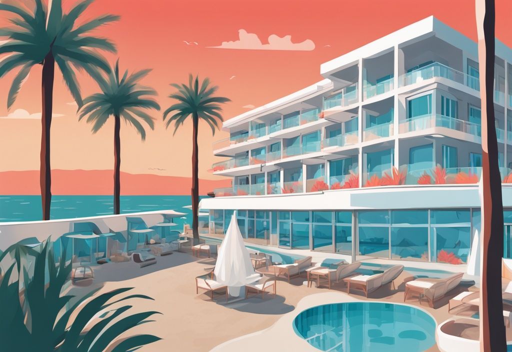 Moderne digitale Malerei des Asterias Beach Hotels in Ayia Napa mit Korallenfarben, umgeben von Palmen und dem klaren Mittelmeer im Hintergrund