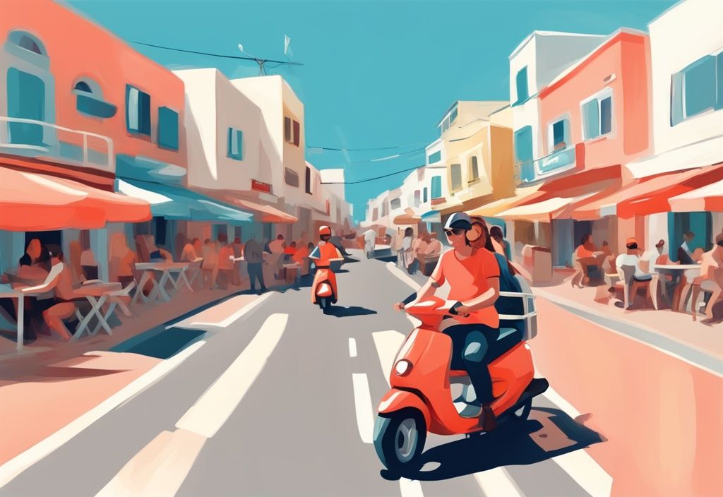 Moderne digitale Malerei von Ayia Napa, Touristen genießen sonnigen Tag und fahren gemietete Roller durch belebte Straßen, ayia napa roller mieten.