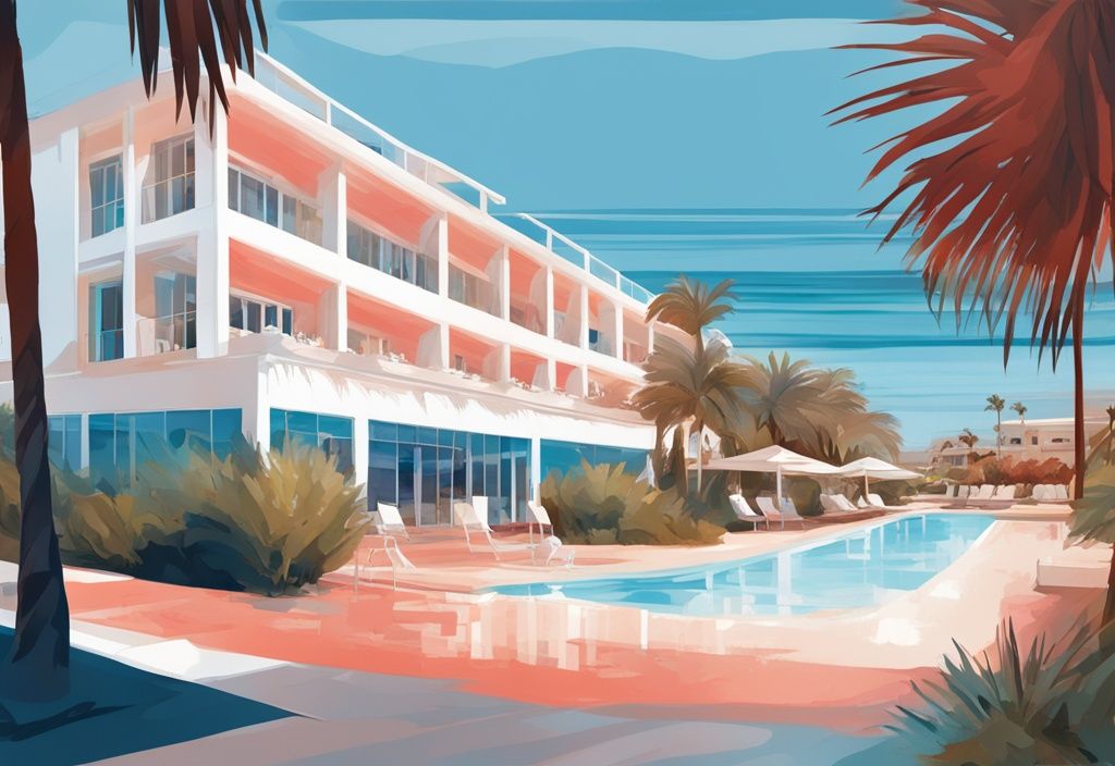 Moderne digitale Malerei des Adams Beach Hotel Ayia Napa mit weißer Fassade, umgeben von tropischen Palmen und dem funkelnden blauen Meer.