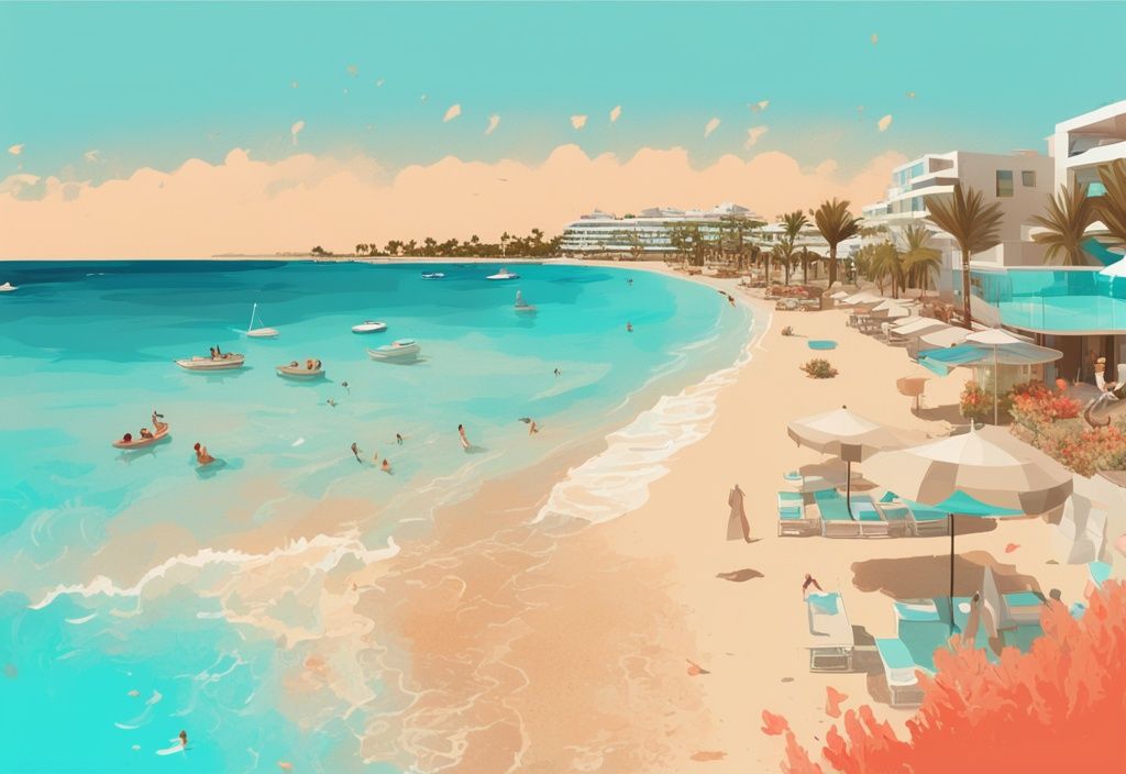 Moderne digitale Illustration von Ayia Napa in Zypern mit luxuriösem Tui-Resort, türkisfarbenem Wasser und goldenem Sand, Hauptfarbe Koralle.