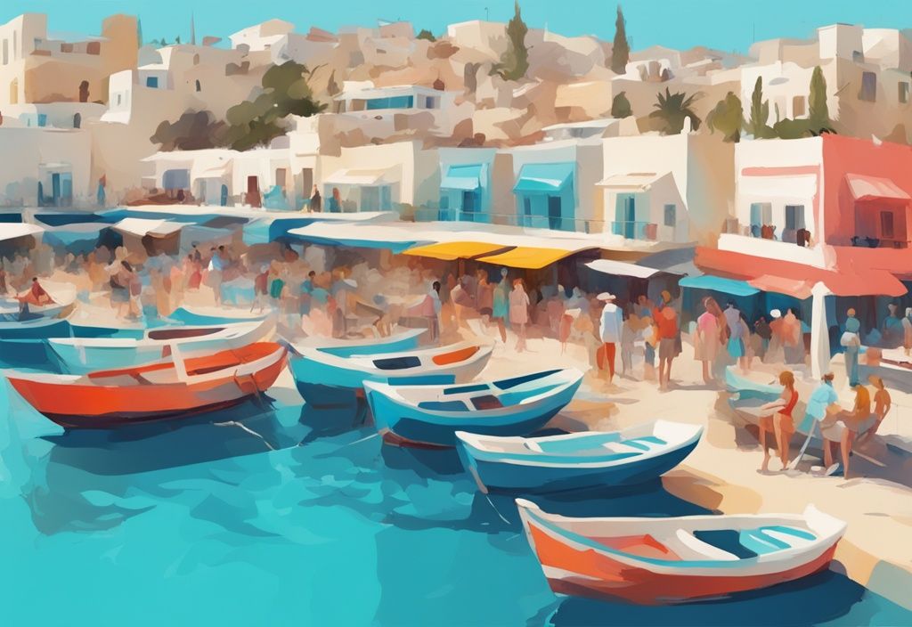 Moderne digitale Malerei von Ayia Napa Hafen auf Zypern mit Korallenfarben, azurblauem Wasser, bunten Booten und lebhafter Menschenmenge unter der strahlenden Sonne. Keyword: Cyprus Ayia Napa