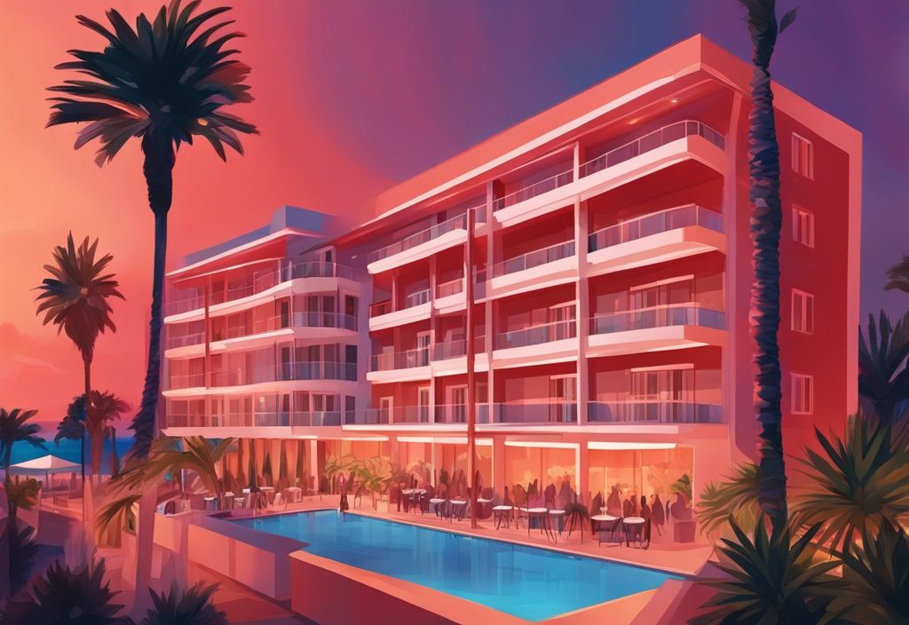 Nahaufnahme der Fassade des Nestor Hotels Ayia Napa bei Sonnenuntergang, umgeben von üppigen Palmen und weichen, leuchtenden Lichtern, moderne digitale Malerei, Hauptfarbe Koralle.