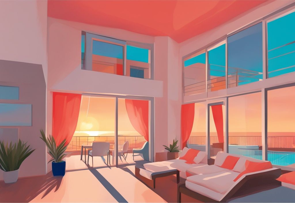 Moderne digitale Malerei von einer Ferienwohnung in Ayia Napa mit Blick auf das Meer bei Sonnenuntergang, Hauptfarbe Koralle.