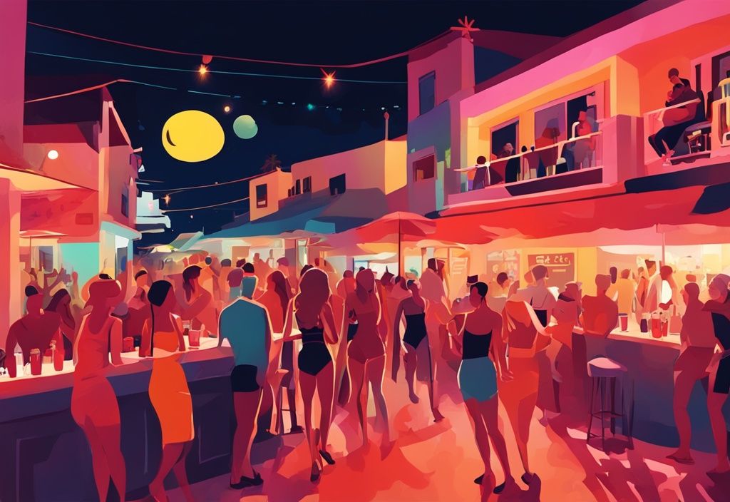 Moderne digitale Malerei von belebten Ayia Napa Bars bei Nacht, mit Menschen, die Getränke und Unterhaltung genießen, in lebendiger Korallenfarbpalette.